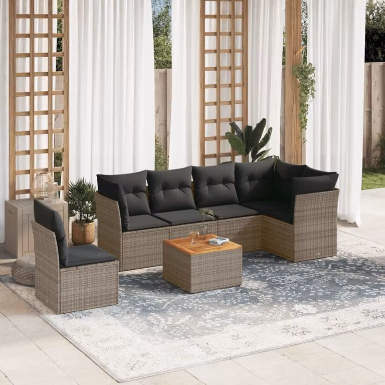 vidaXL Set Divani da Giardino 7 pz in Polyrattan Grigio con Cuscini e Tavolino