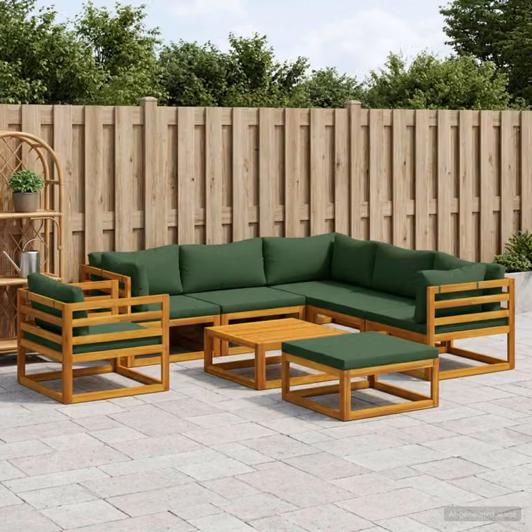 Set di divani da giardino vidaXL 8 pz in legno di acacia massello con cuscini e tavolino, forma a L, colore marrone e verde
