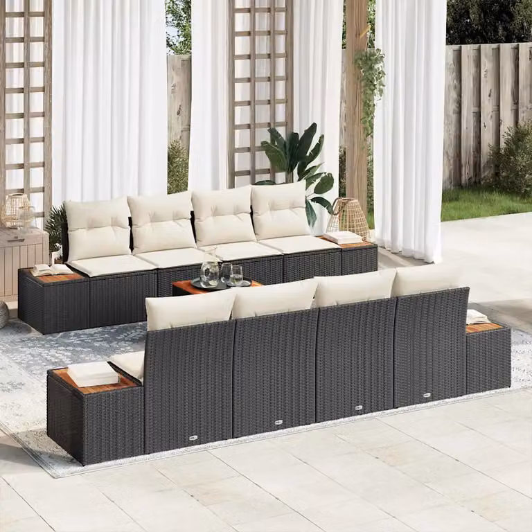 Set Divano da Giardino Moderno vidaXL in Polyrattan Nero con Cuscini e Tavolino da Caffè
