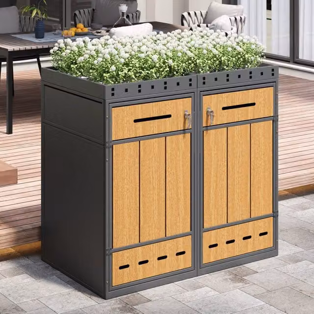 Copribidoni con doppio vano e fioriera integrata in acciaio laminato a freddo grigio effetto legno 132 × 80 × 124 cm