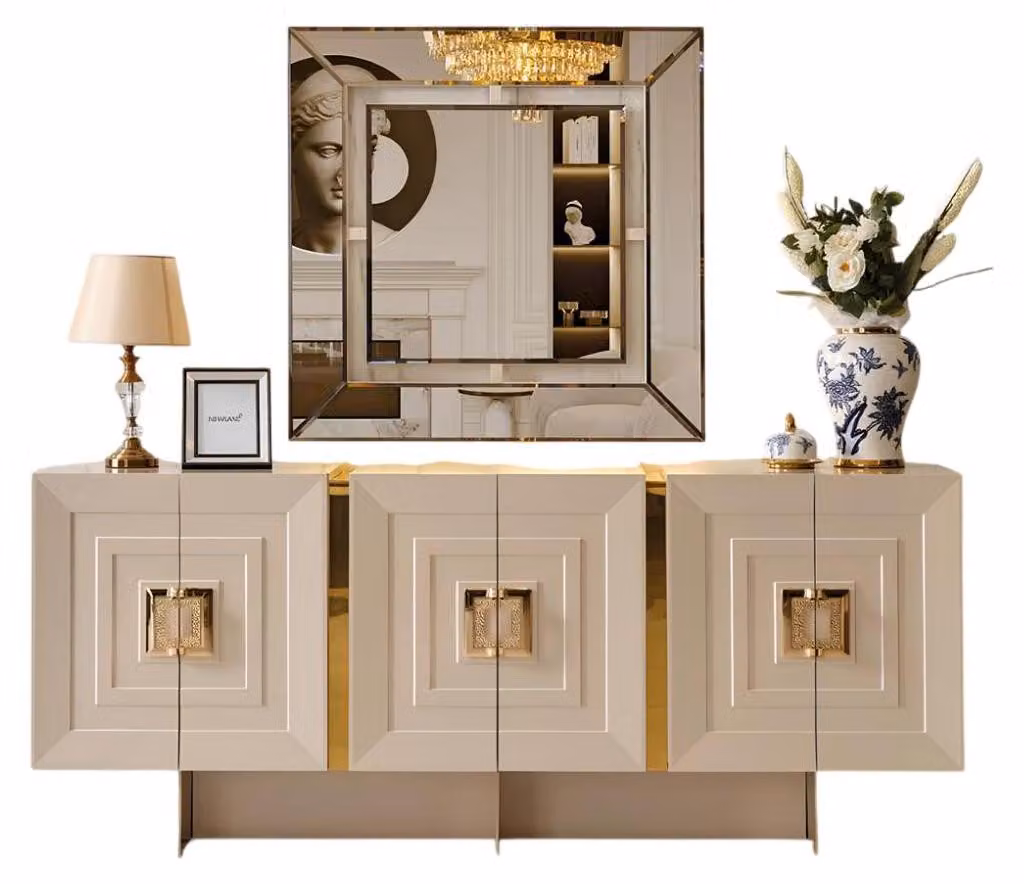 Set da consolle: consolle, specchio, colore beige e oro, stile moderno, nuovo