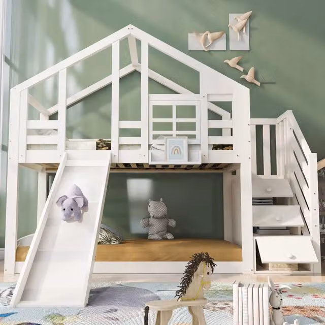 Letto a castello per bambini 90x200 cm; letto casetta con scivolo e cassetti; legno massello e MDF bianco