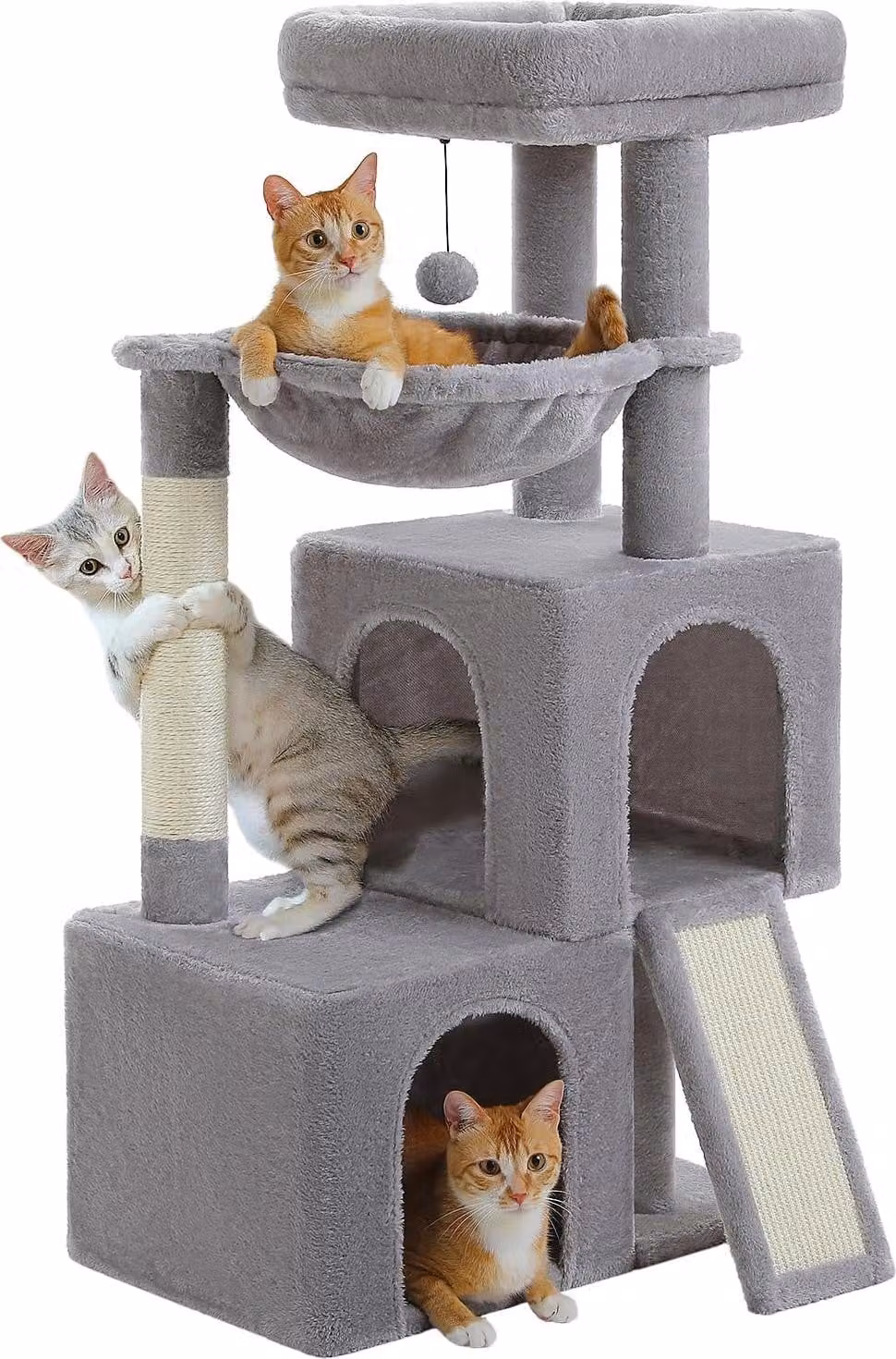 Graffiatoio 104 cm con 2 grotte, amaca e palla da gioco grigio