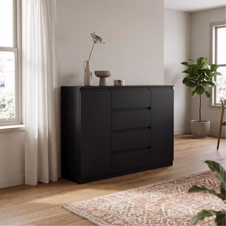 Comodà Masseno NUDO da 138,5 cm con 4 cassetti e 2 ante per soggiorno e camera da letto, stile moderno, 138,5 x 39 x 101,5 cm, nero / nero