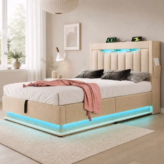 Letto singolo 90x200 cm in lino beige con LED; testiera con ricarica USB e Type-C; contenitore