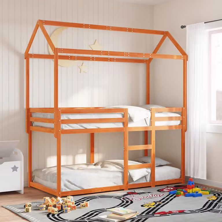 Letto a Castello per Bambini vidaXL in Legno Massello di Pino con Tetto a Forma di Casa, Colore Marrone, L/P/H: 200 x 80 x 177,5 cm