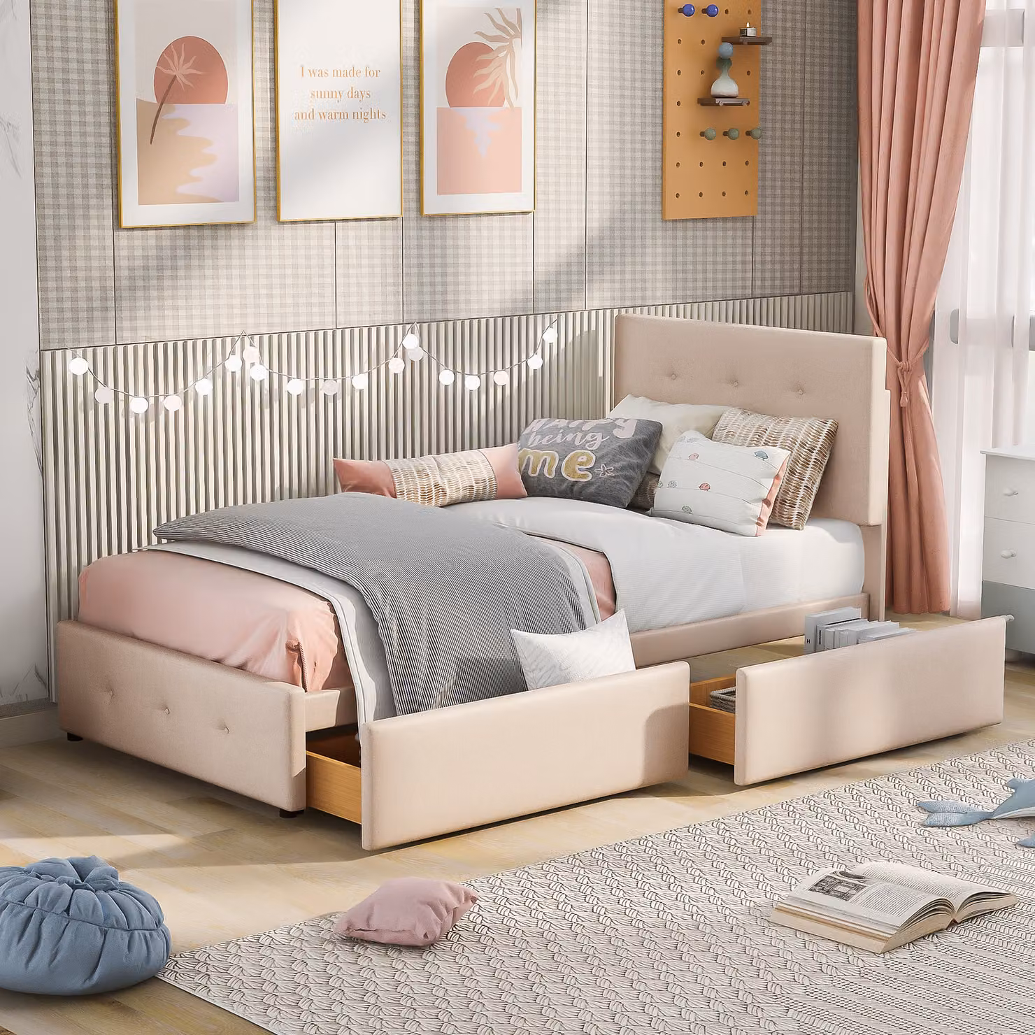 Letto imbottito Merax 90x200cm con testata regolabile in altezza, letto in legno singolo con due cassetti e rete a doghe, letto per ragazzi in velluto, letto per bambini, beige scuro