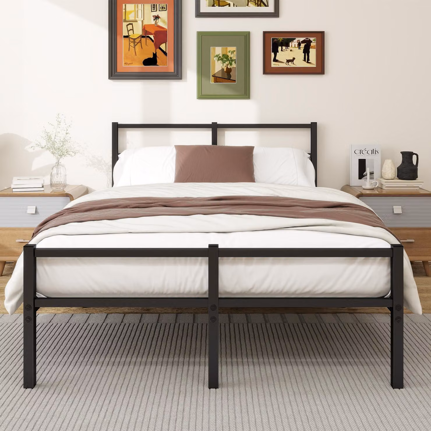 Letto matrimoniale in metallo, dimensioni 120x200 cm, ideale come letto matrimoniale o letto per ospiti, colore nero, completo di rete a doghe