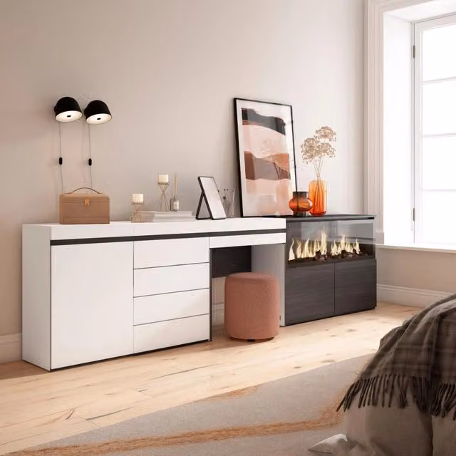 Tavolo da toeletta, 284x35x75cm, Con cassetto, Camino elettrico XXL, Cassettiera, Bianco RF3456