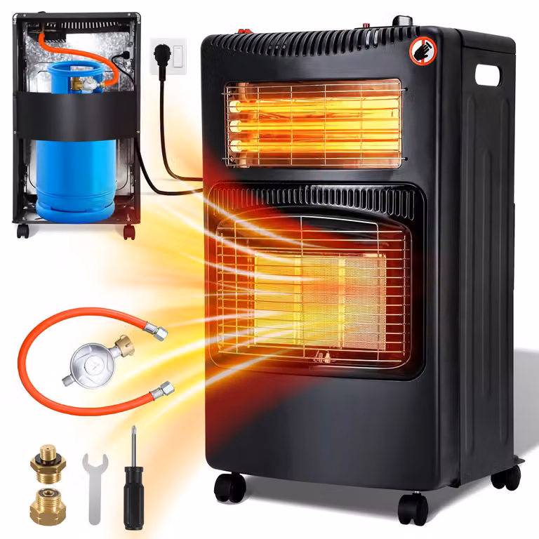 Ikodm, riscaldatore 2-in-1 a gas ed elettrico, 4200W/1200W, con elementi riscaldanti in Vetroceramica e quarzo, 3 livelli di potenza a gas, sistema di accensione elettronica (ODS), 4 ruote, include 2 adattatori EU