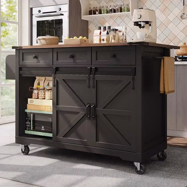 Isola cucina Xylo con 2 porte scorrevoli e 3 cassetti, colore nero, stile industrial, L: 94 cm, P: 53 cm, H: 73 cm – 1