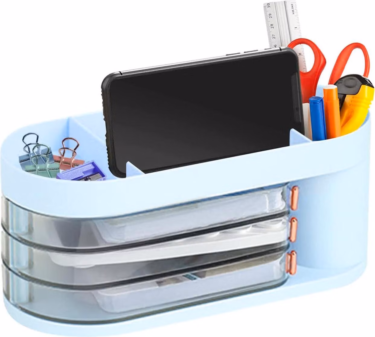 Organizzatore per ufficio, portapenne, organizzatore multifunzionale con cassetto per la casa, l'ufficio e il bagno, toletta, porta trucchi, blu
