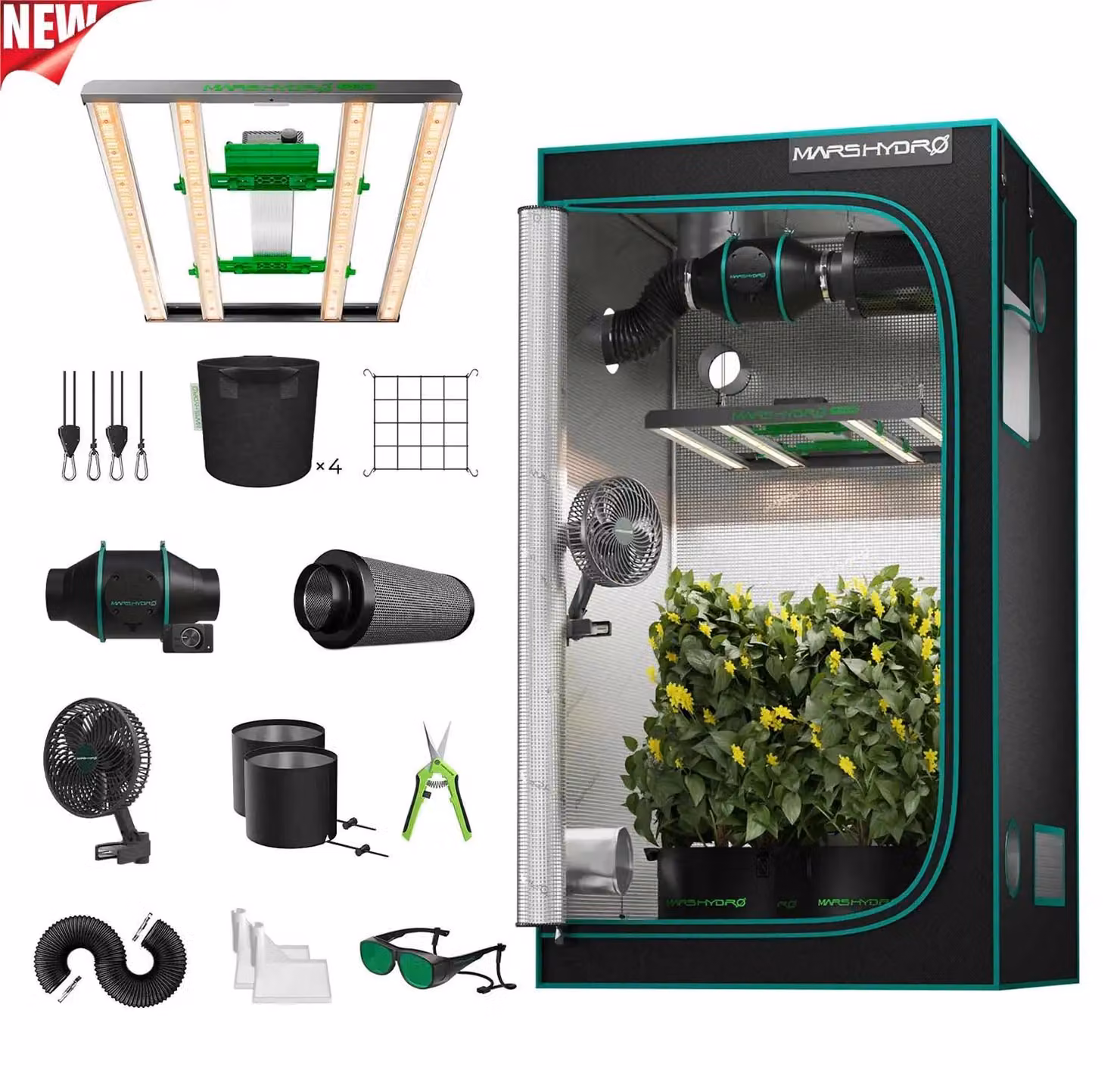 Kit completo Growzelt - 100x100x180 cm. Include: lampada LED a spettro completo, dimmerabile; ventola da clip da 15 cm; sistema di aspirazione con filtro a carbone attivo; connettore RJ12