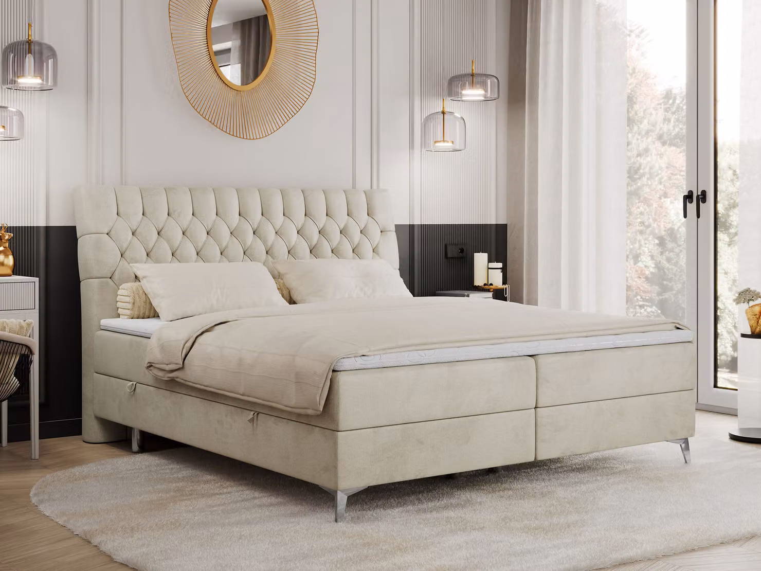 Letto con rete a molle 180x200 con 2 contenitori per biancheria, materasso e topper, letto imbottito 180x200, letto 180x200 - MILEN - 180x200 cm - Beige - Velluto - H3