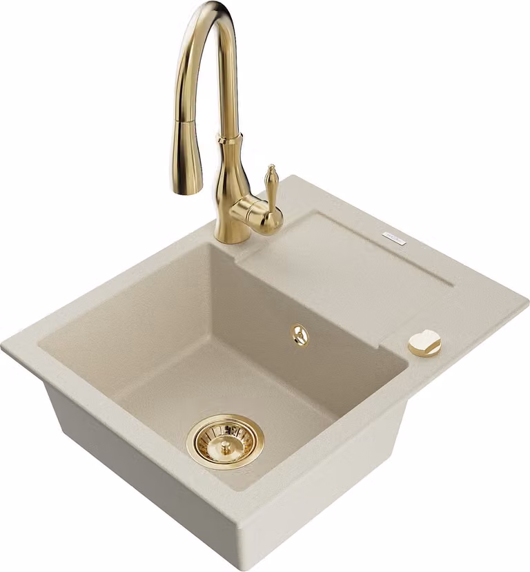 Mexen Enzo lavello da cucina in granito 1-vasca con sgocciolatoio e rubinetto da cucina Savita, beige - 6506-69-672601-50