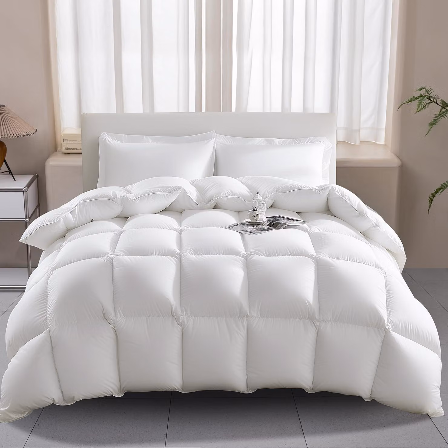 Copertura per letto in 100% cotone, imbottitura in piumino d'oca, 1000 fili, potere gonfiante 750+, misura queen