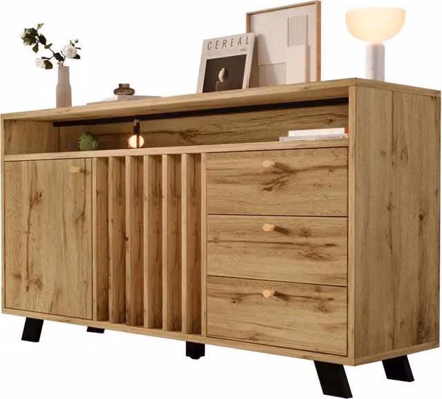 Credenza moderna in legno rovere scuro con 2 ante, 3 cassetti e vano aperto per soggiorno e sala da pranzo, L/P/H: 120 x 40 x 85 cm