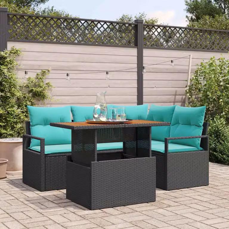 Set Divano da Giardino vidaXL 5 Pezzi in Polyrattan e Legno di Acacia, 4 Posti, Nero e Petrolio