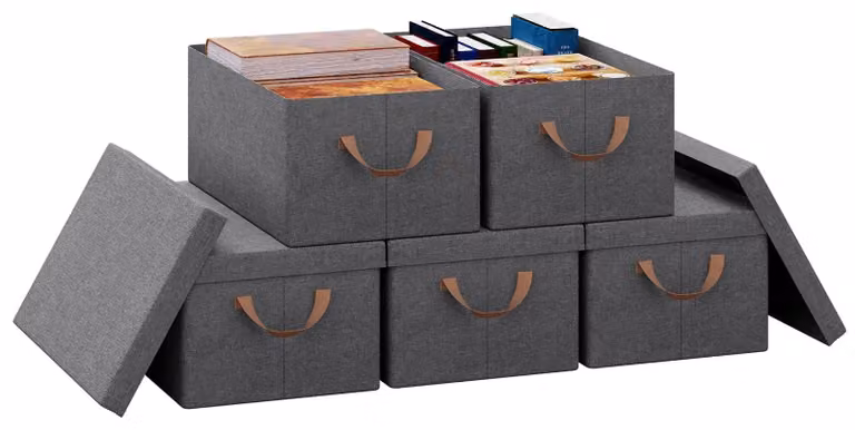 Set di 5 contenitori portaoggetti con coperchio, colore grigio, dimensioni 48 x 20 x 29 cm