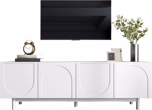 Mobile TV 175x38x56 cm Bianco con 4 Ante Push-to-Open, Ripiani Regolabili e Portata 50 kg