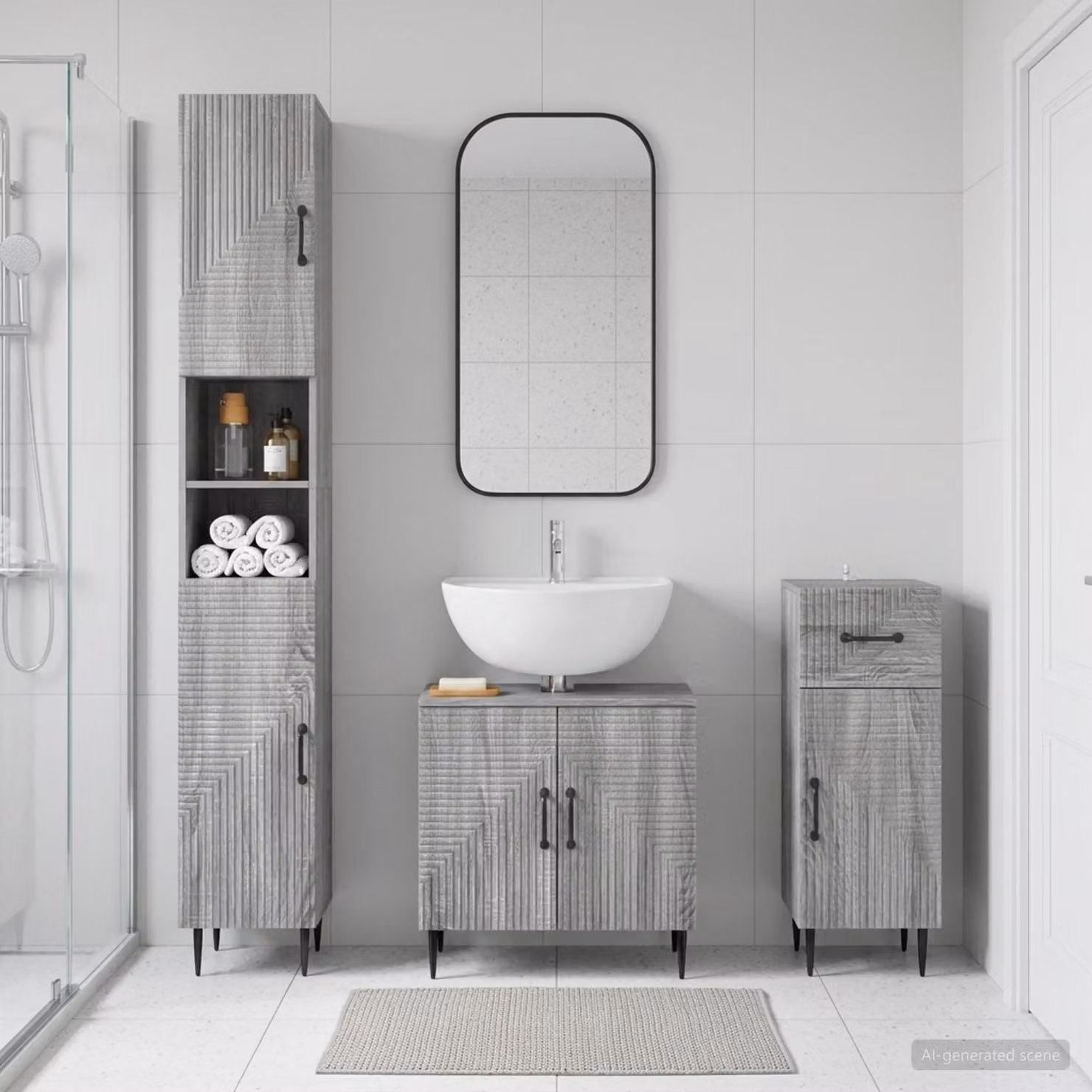Set di 3 armadietti da bagno moderni vidaXL HAARLEM in legno e MDF, colore grigio, L/P/H: 47,88 x 30,0 x 190,0 cm, 31,0 x 30,0 x 47,88 cm e 31,0 x 30,0 x 190,0 cm