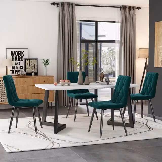 Set da pranzo MIVRAY composto da tavolo rettangolare in MDF e 4 sedie in velluto, colori verde, bianco e nero