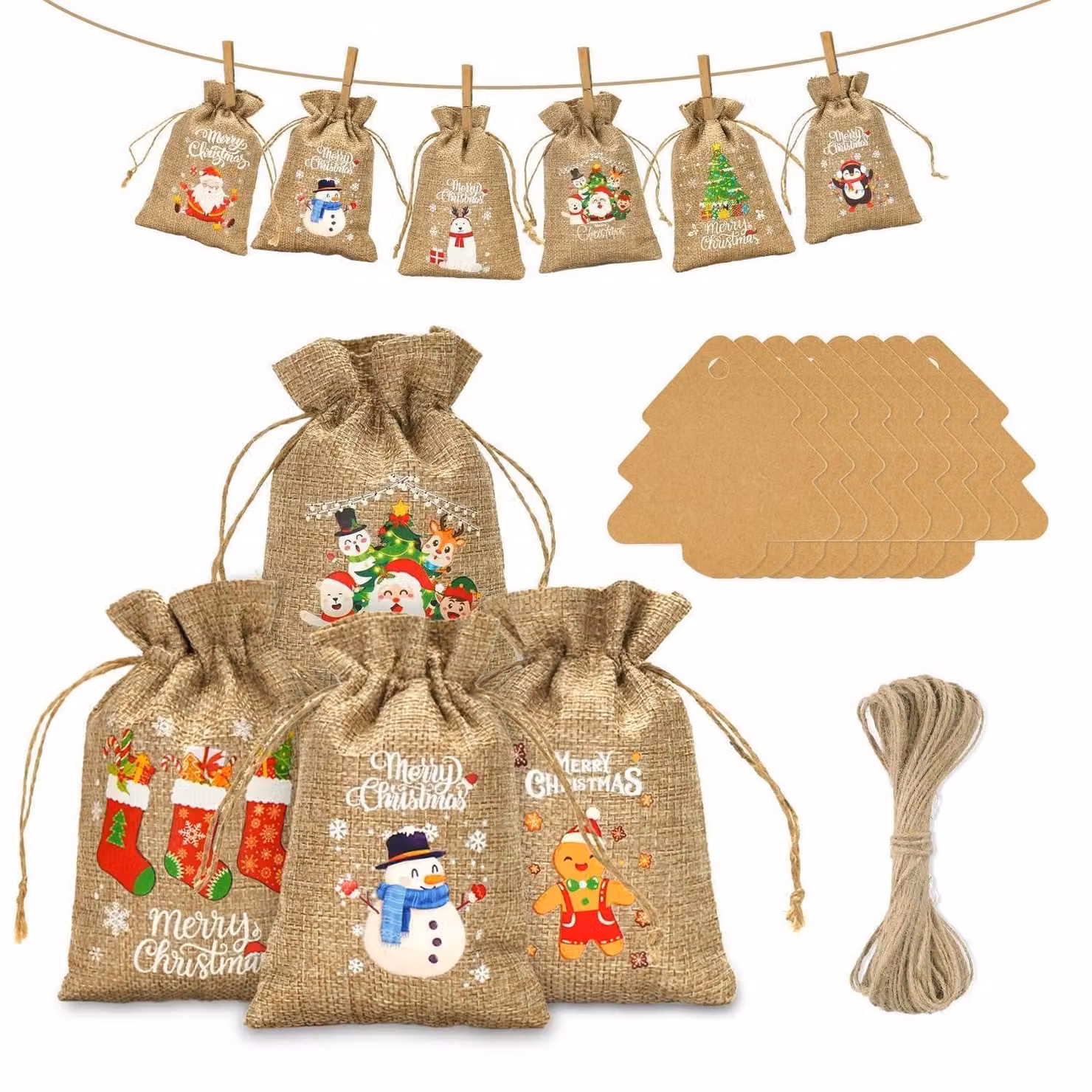 Calendario dell'Avvento con sacchetti di juta, 24 pezzi, dimensioni 13x18 cm, con decorazioni e corda di juta