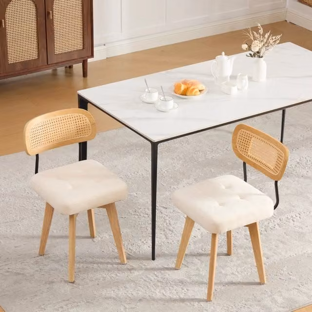 Desviae Set di 2 sedie imbottite girevoli a 360° con schienale in rattan intrecciato e seduta in ciniglia beige