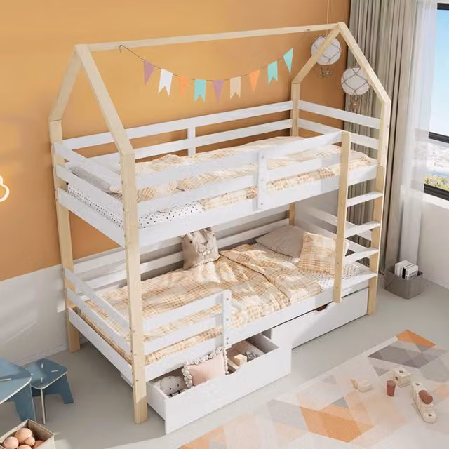 Letto a castello a casetta 90 × 200 cm con cassetti e barriere, senza materasso, legno massiccio bianco rovere
