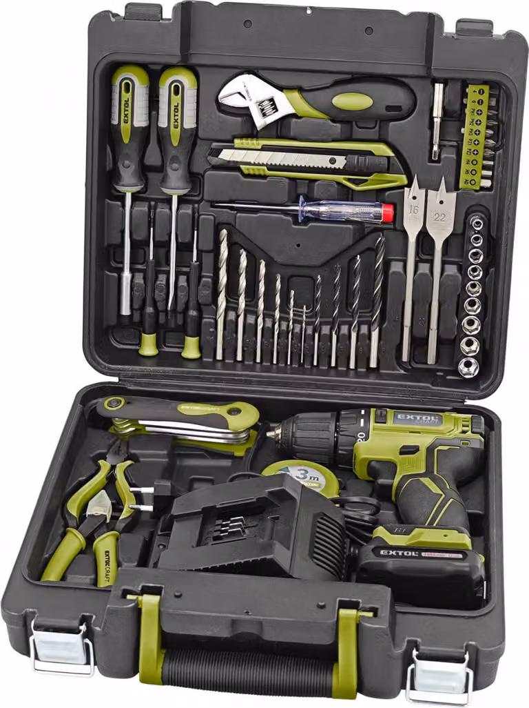 Trapano avvitatore a batteria Extol Craft, BRUSHLESS, 1x12V 2Ah Li-Ion con utensili, set da 46 pezzi