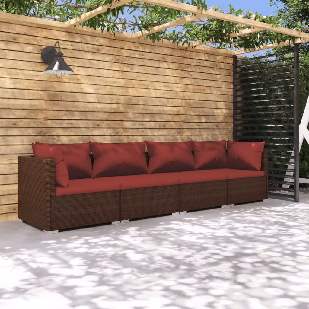 The Living Store Set salotto da giardino 4 pezzi con cuscini in poly rattan marrone