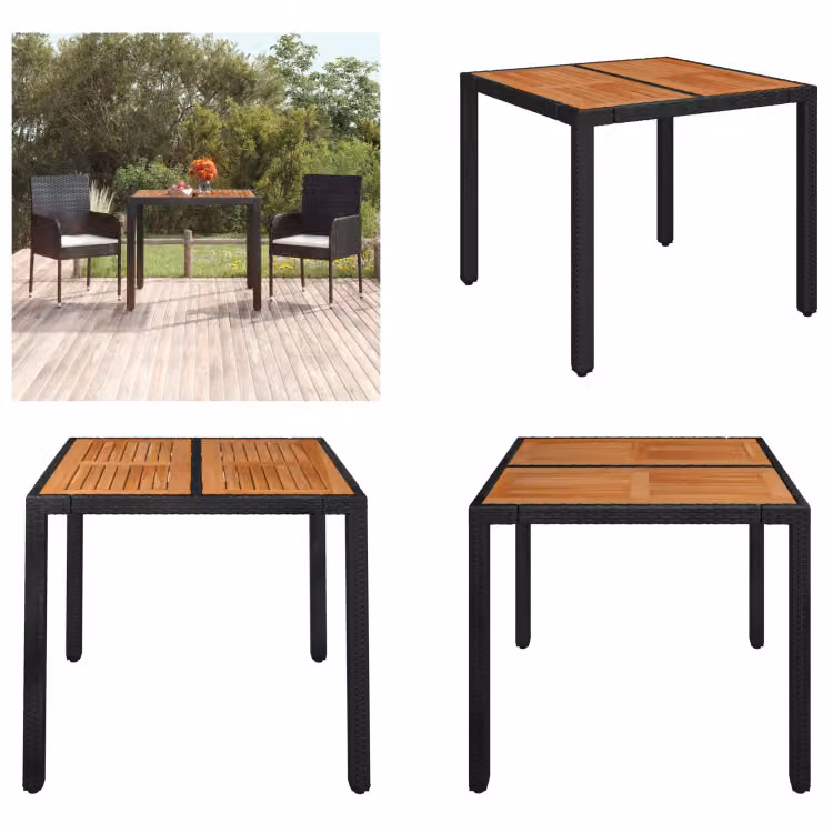 vidaXL Tavolo da giardino con piano in legno nero 90x90x75 cm in poly rattan - Tavolo da giardino con piano in legno - Tavoli da giardino con piano in legno - Mobili da giardino - Tavolo da pranzo