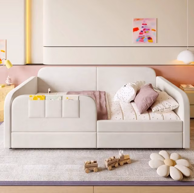 Letto singolo 90x200 cm bianco in velluto con 2 cassetti e tasche laterali