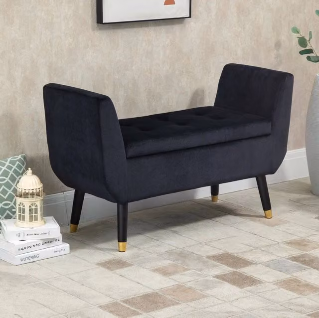 Panca contenitore ULEVR 107x42x65 cm con braccioli e seduta apribile, poliestere effetto velluto nero