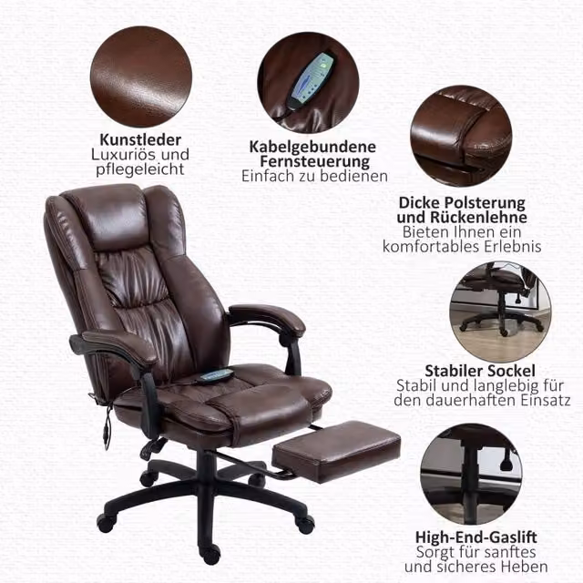 Poltrona da ufficio girevole REDOM con poggiapiedi e massaggio in ecopelle marrone L/P/H: 68,5 x 68,5 x 113-121 cm – 1