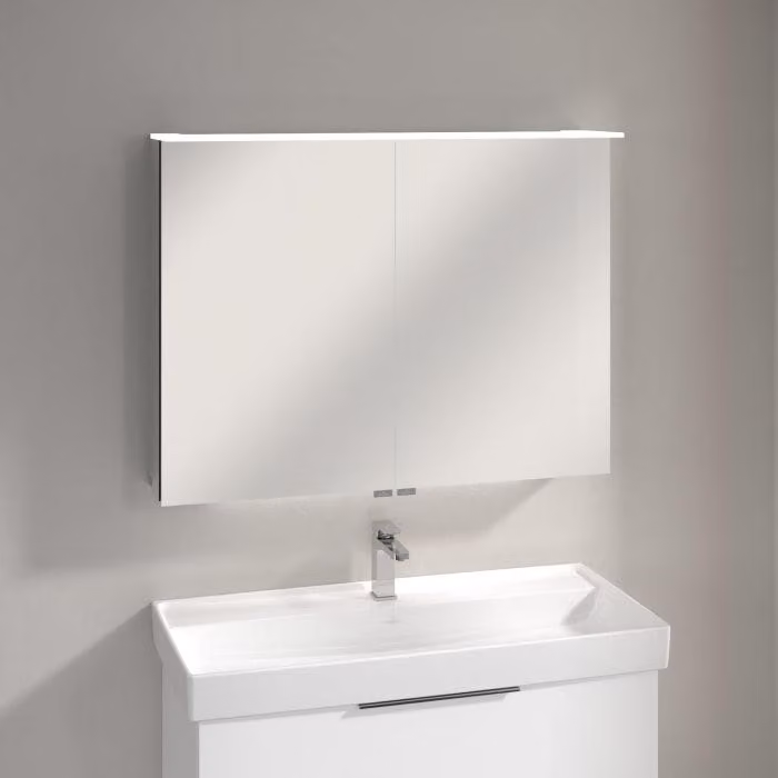 Villeroy & Boch, mobiletto specchio Taro, 100,7 cm, con 2 ante, illuminazione a soffitto, illuminazione per il lavabo e specchio ingranditore
