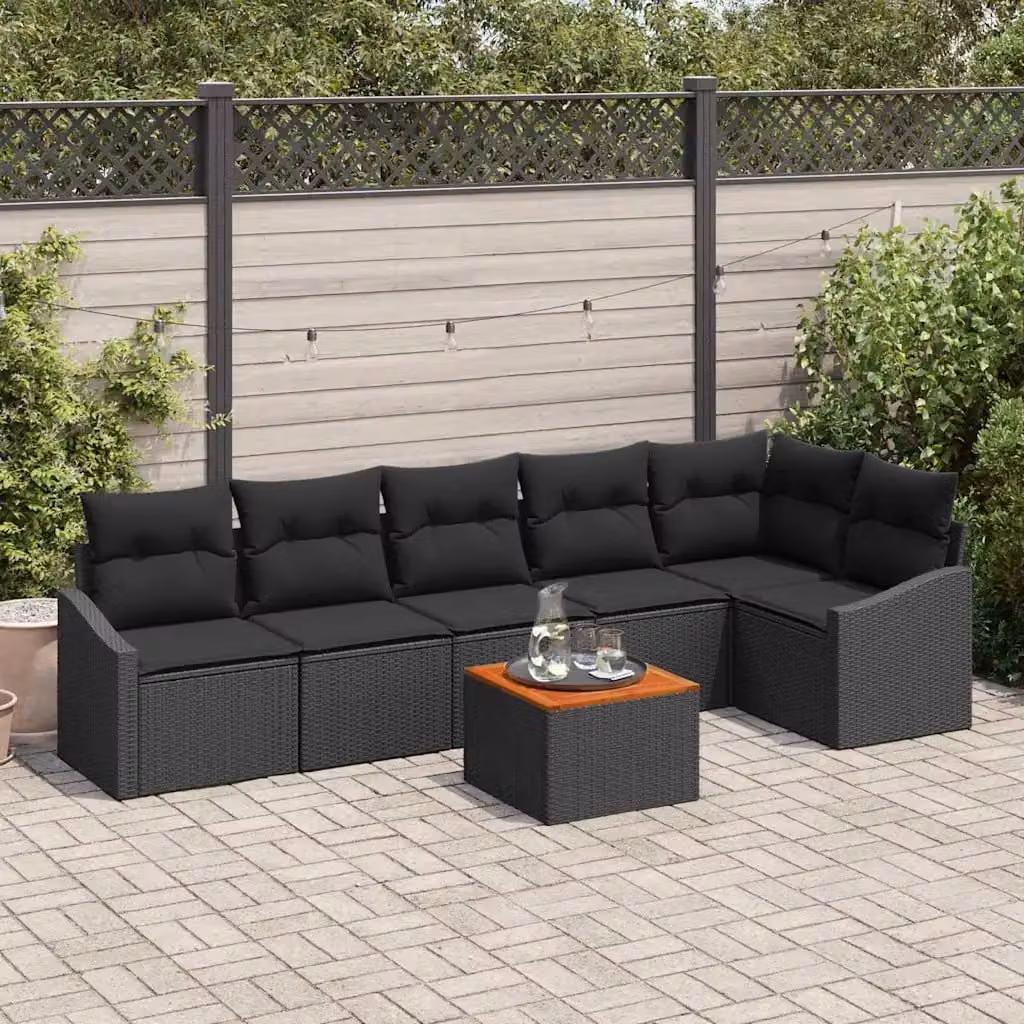 Set Divano da Giardino vidaXL 7 Pezzi in Polyrattan Nero con Cuscini e Funzione Archiviazione – 1