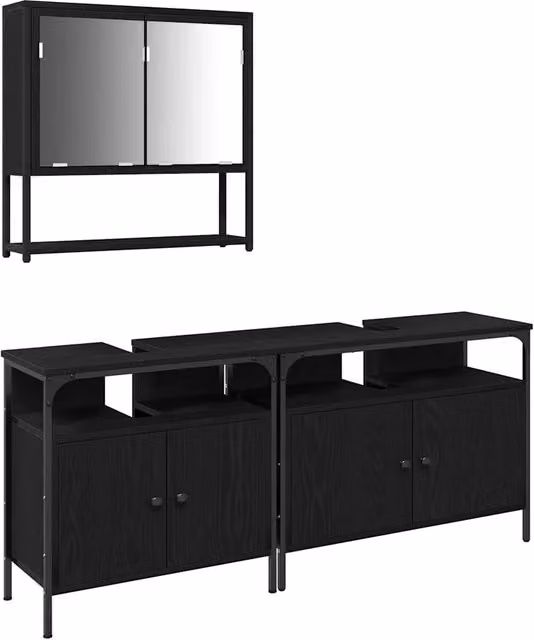 Set di mobili per il bagno moderno composto da mobile lavabo, mobile contenitore e armadietto con specchio in legno e vetro nero opaco L/P/H: 80.0 x 60.0 x 39.8 cm