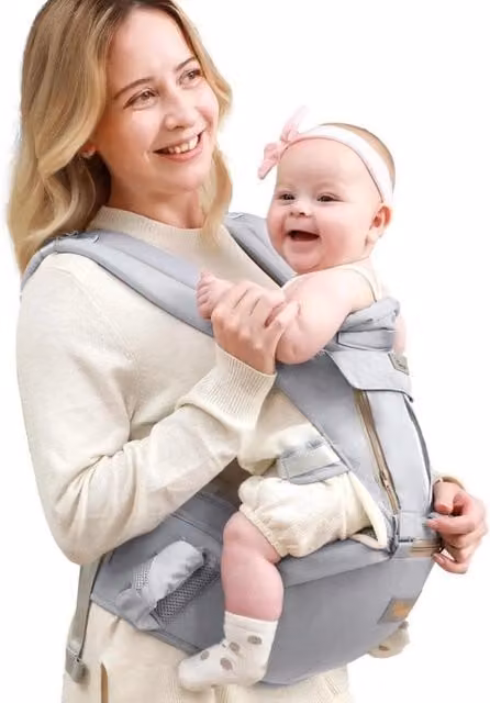 Portagiochi Babydrager Grigio in Cotone con Sostegno Lombare e Sedile per Coscia per Bambini da Neonato a Pre-scolare