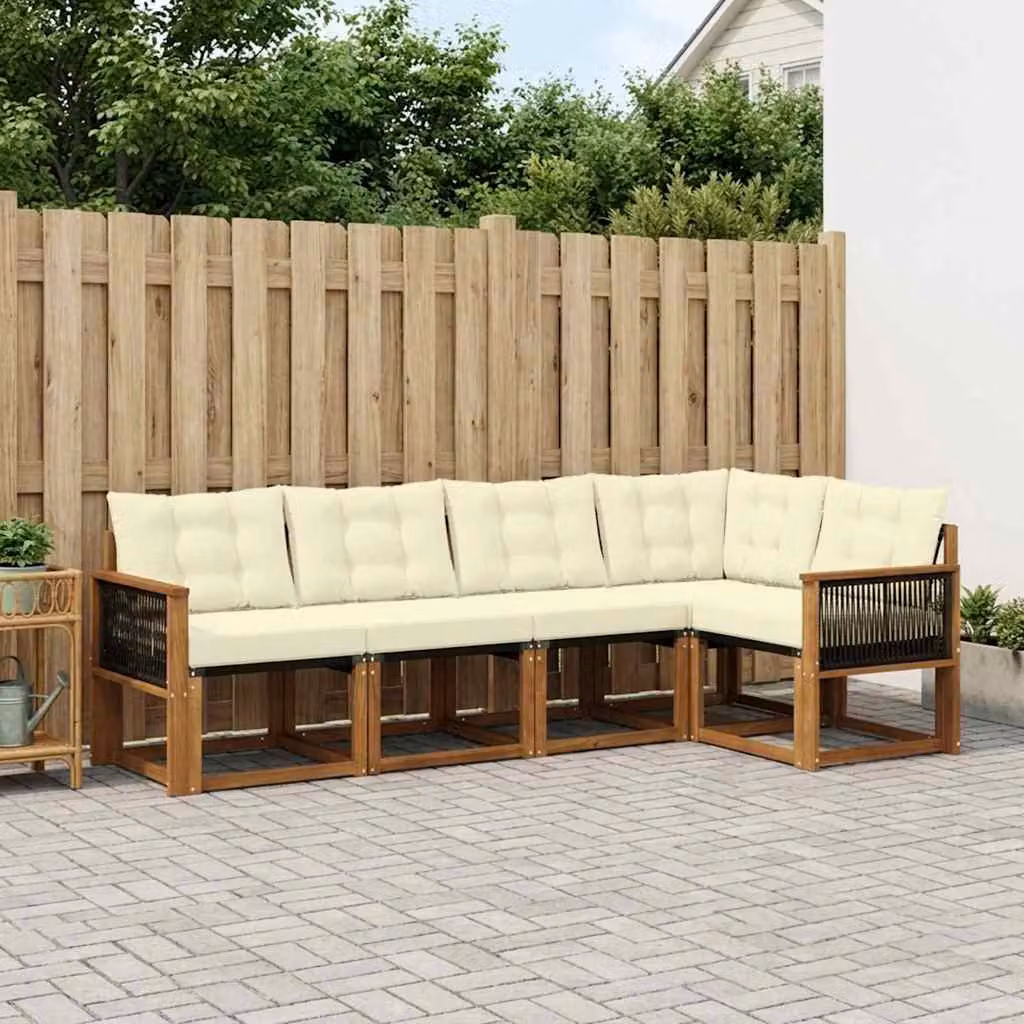 Set di divani da esterno vidaXL a forma di L composto da 5 pezzi in legno di acacia e tessuto textilene, colore beige e marrone