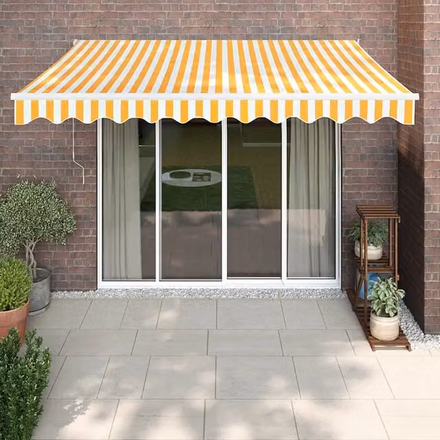 Tenda retrattile a bracci con montaggio a parete vidaxl in alluminio e poliestere, colori giallo e bianco, L: 350 cm, P: 250 cm