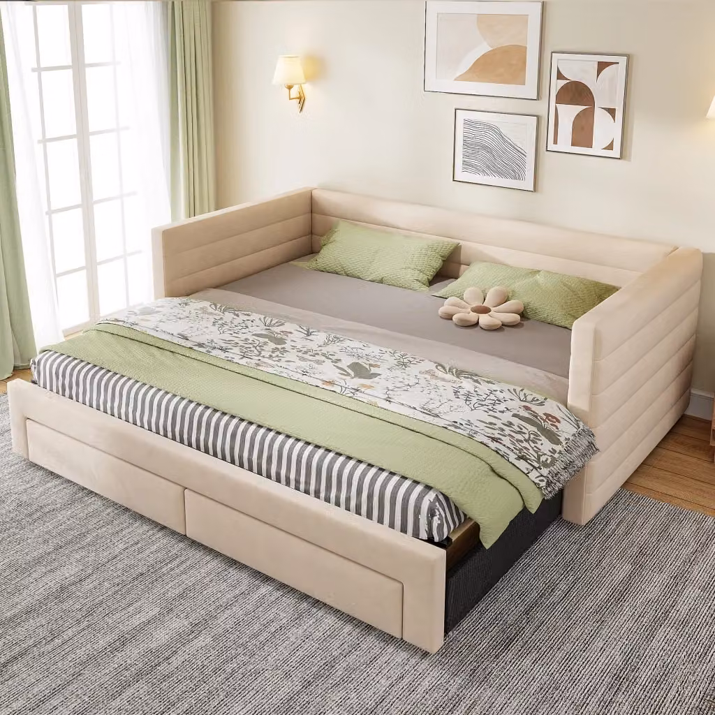 Letto imbottito moderno con 2 cassetti beige L/P/H: 190 x 90 x 207 cm – 2