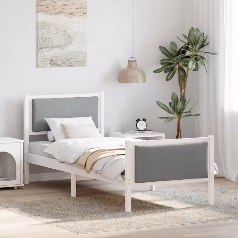 Struttura del letto moderna vidaXL in legno di pino e tessuto imbottito, Grigio e Bianco, 80 x 190 cm