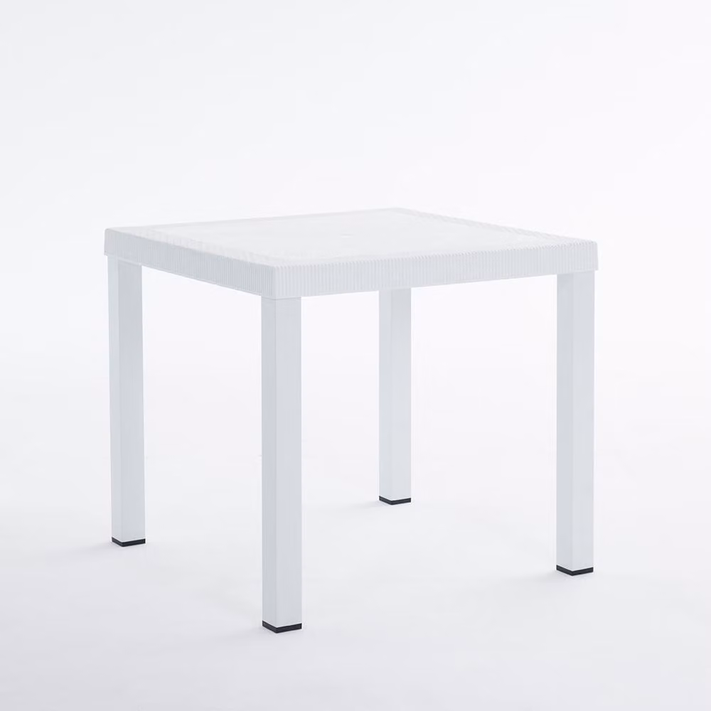 Tavolo da giardino quadrato 82×82 cm in alluminio con piano in polipropilene effetto rattan e foro per ombrellone - design moderno e robusto, ideale per giardini, terrazze, bar e ristoranti - RAUL - Bianco