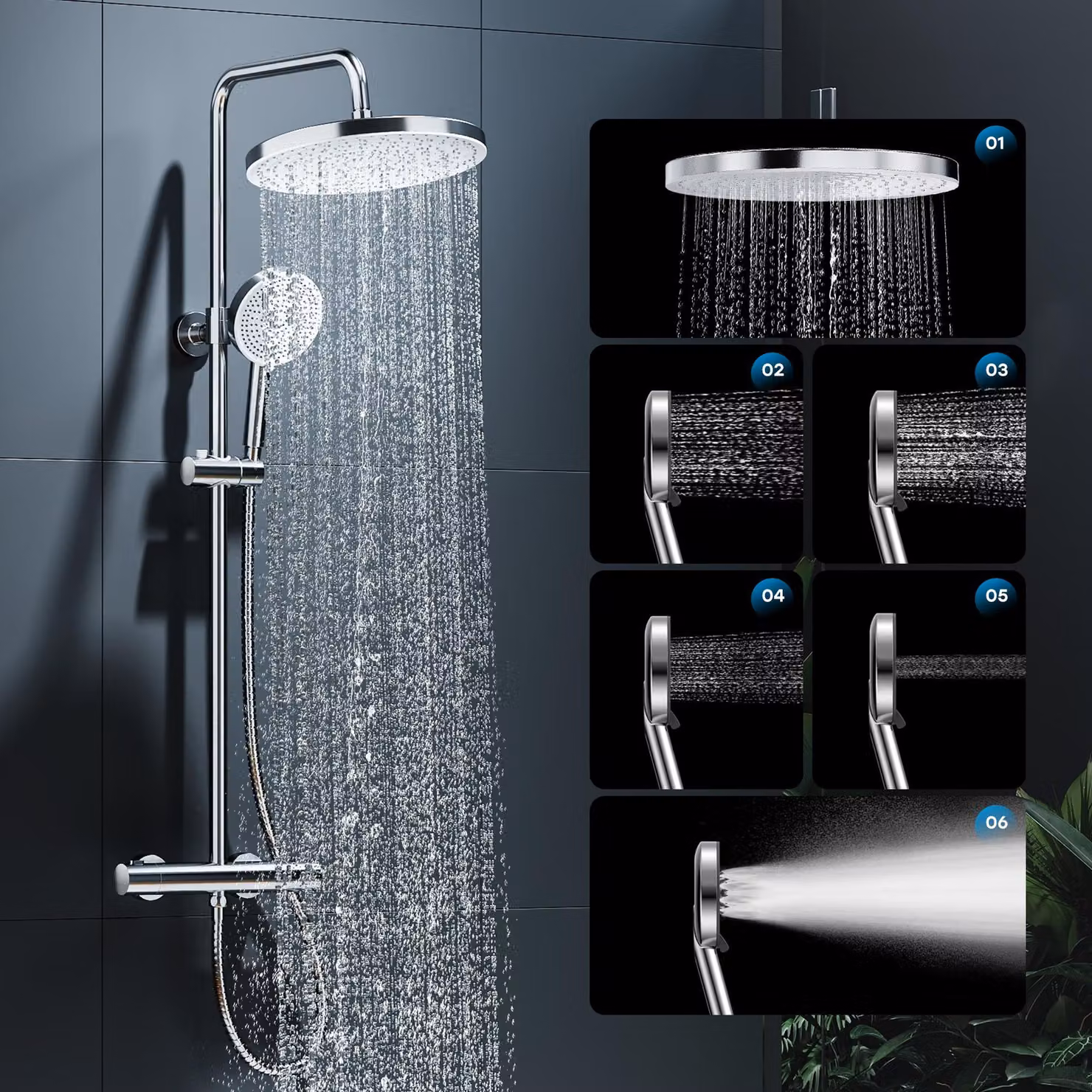 HOROW Sistema doccia con termostato, 5 modalità di getto, set doccia a pioggia grande cromato, set doccia con termostato, regolabile in altezza, soffione grande 30 cm