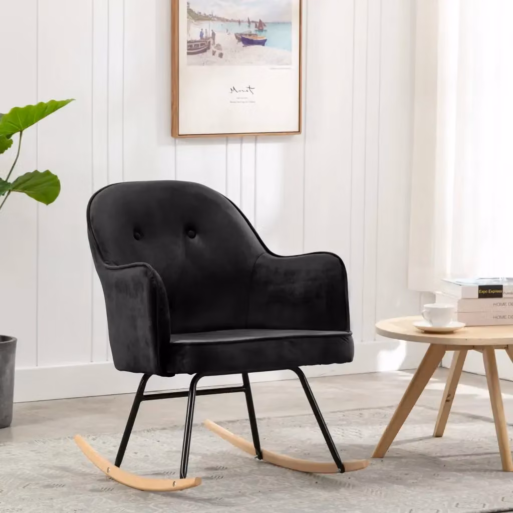 Sedia a Dondolo Moderna in Velluto Nero con Struttura in Metallo e Legno di Faggio CFW7748572 – 2