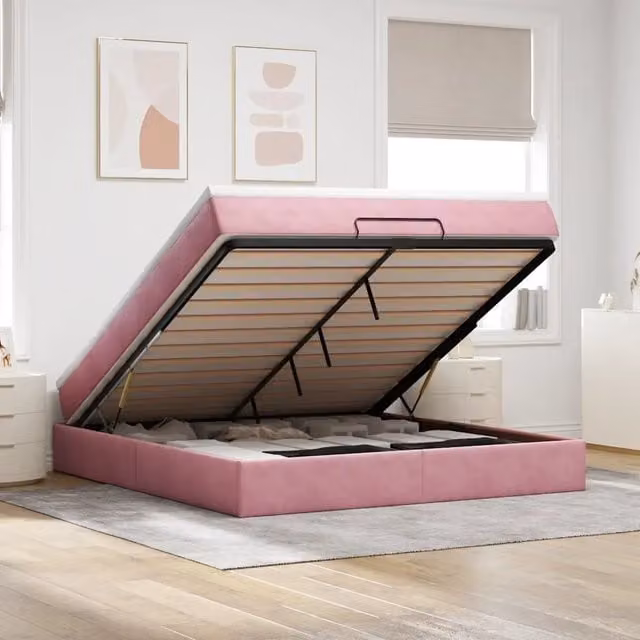 Letto con contenitore a sollevamento vidaXL in velluto rosa e bianco L: 180 cm, P: 200 cm, H: 280 cm