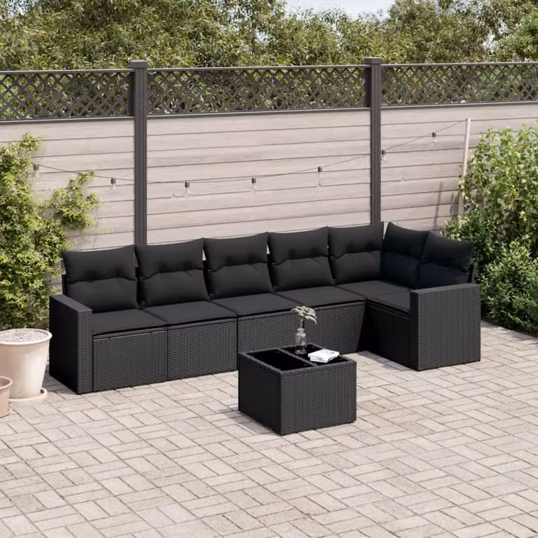 vidaXL Set Divani da Giardino a L con Cuscini 7pz Nero in Polyrattan e Metallo