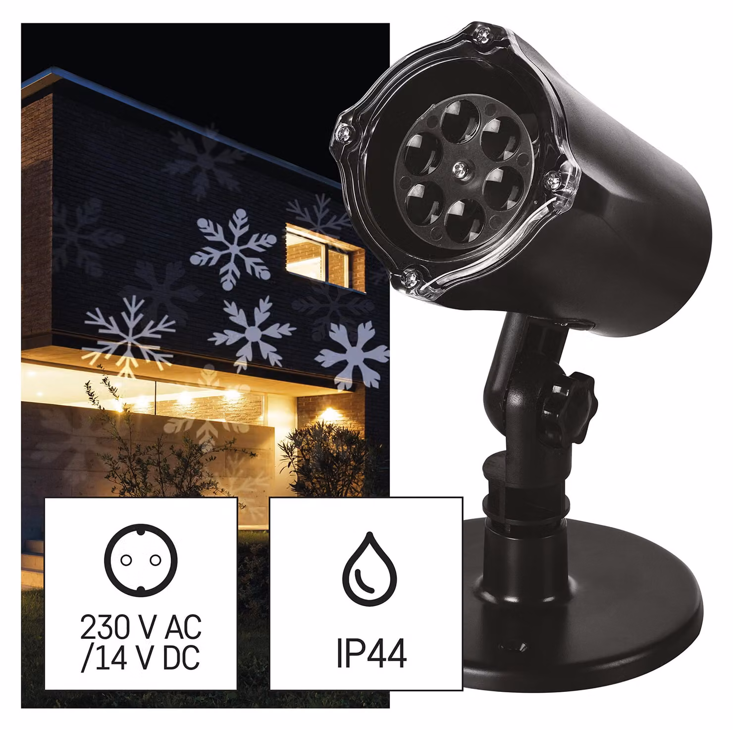 Proiettore a LED a forma di fiocchi di neve, grado di protezione IP44, cavo da 3 metri, colore nero