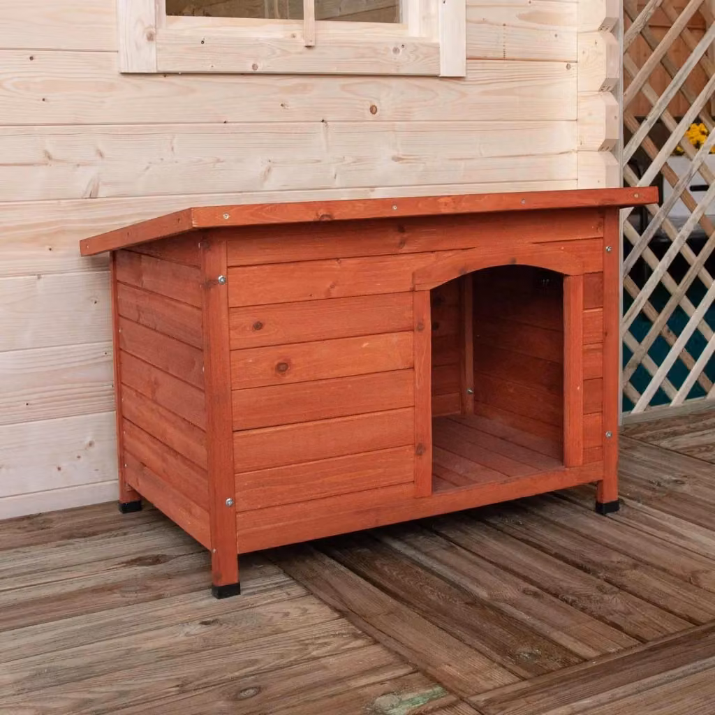 Cuccia per animali domestici Sugar di FRANKYSTAR in legno di pino verde e marrone con tettuccio apribile e pavimento rialzato per esterno L: 85 cm, P: 58 cm – 2